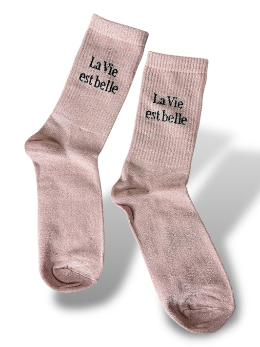 CHAUSSETTES SCINTILLANTES LA VIE EST BELLE ROSE