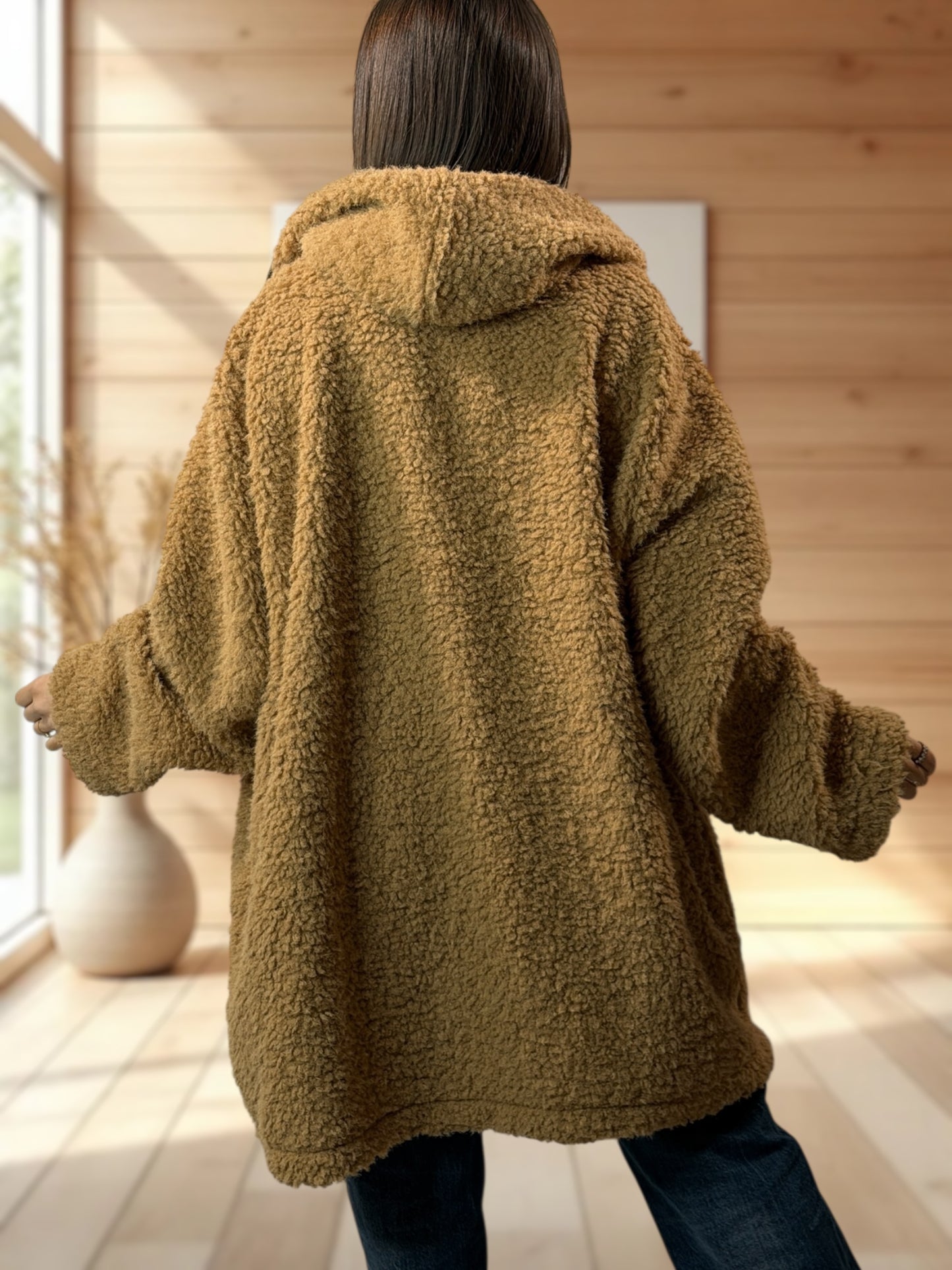PAOLA - VESTE OVERSIZE CAMEL EN MOUMOUTE JUSQU'A LA TAILLE 54/56