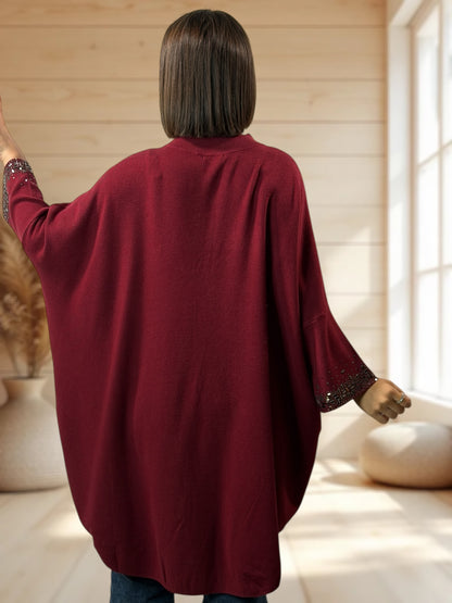 CORALINE - PULL OVERSIZE BORDEAUX AVEC STRASS JUSQU'A LA TAILLE 56