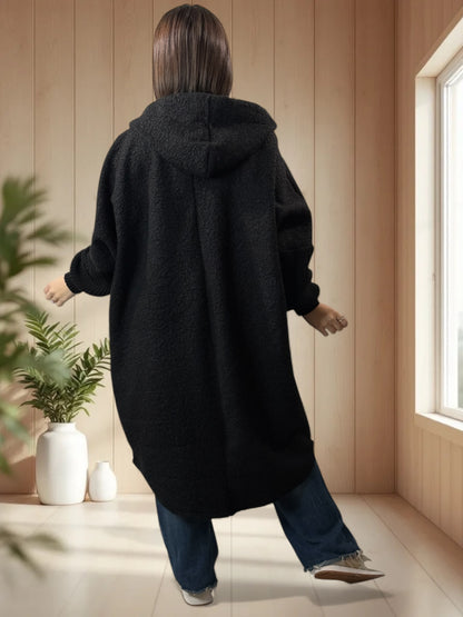VIRGINIE - MANTEAU OVERSIZE NOIR A CAPUCHE JUSQU'A LA TAILLE 54