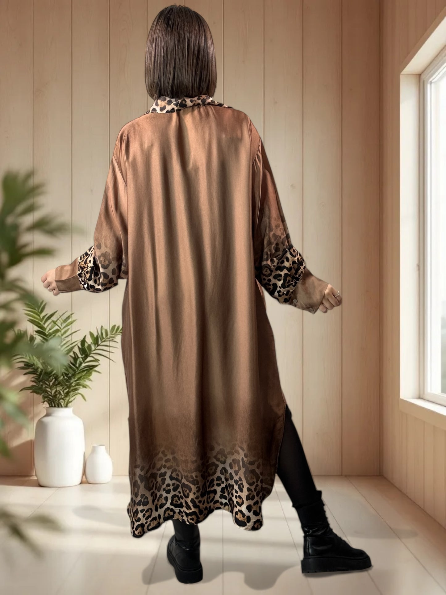 PENELOPE - ROBE AVEC DE LA SOIE MARRON MOTIF LEOPARD JUSQU'A LA TAILLE 52