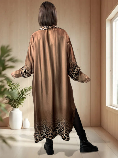 PENELOPE - ROBE AVEC DE LA SOIE MARRON MOTIF LEOPARD JUSQU'A LA TAILLE 52