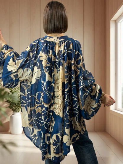 VICTORINE  - TUNIQUE OVERSIZE EN COTON MOTIF MARINE JUSQU'A LA TAILLE 60