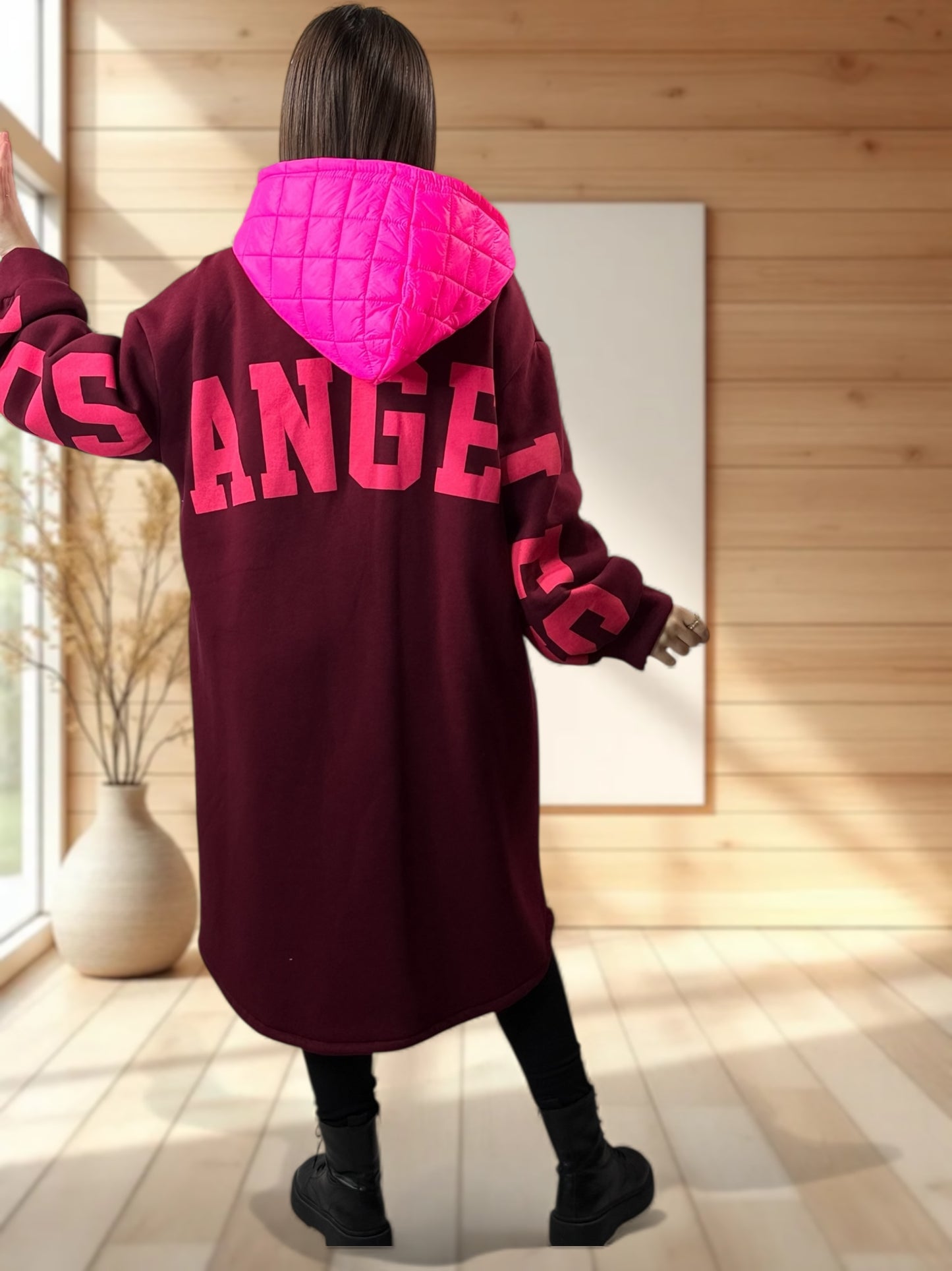 LOS ANGELES - MANTEAU OVERSIZE BORDEAUX A CAPUCHE JUSQU'A LA TAILLE 52