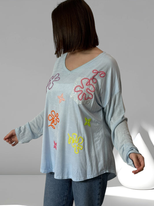 THEO - T-SHIRT BLEU AVEC MOTIFS JUSQU'A LA TAILLE 50