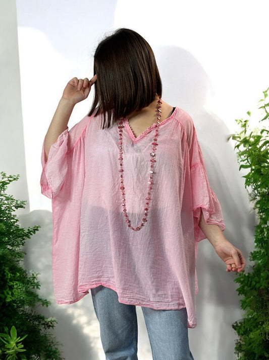 AMANDINE - BLOUSE ROSE OVERSIZE EN COTON JUSQU'A LA TAILLE 56