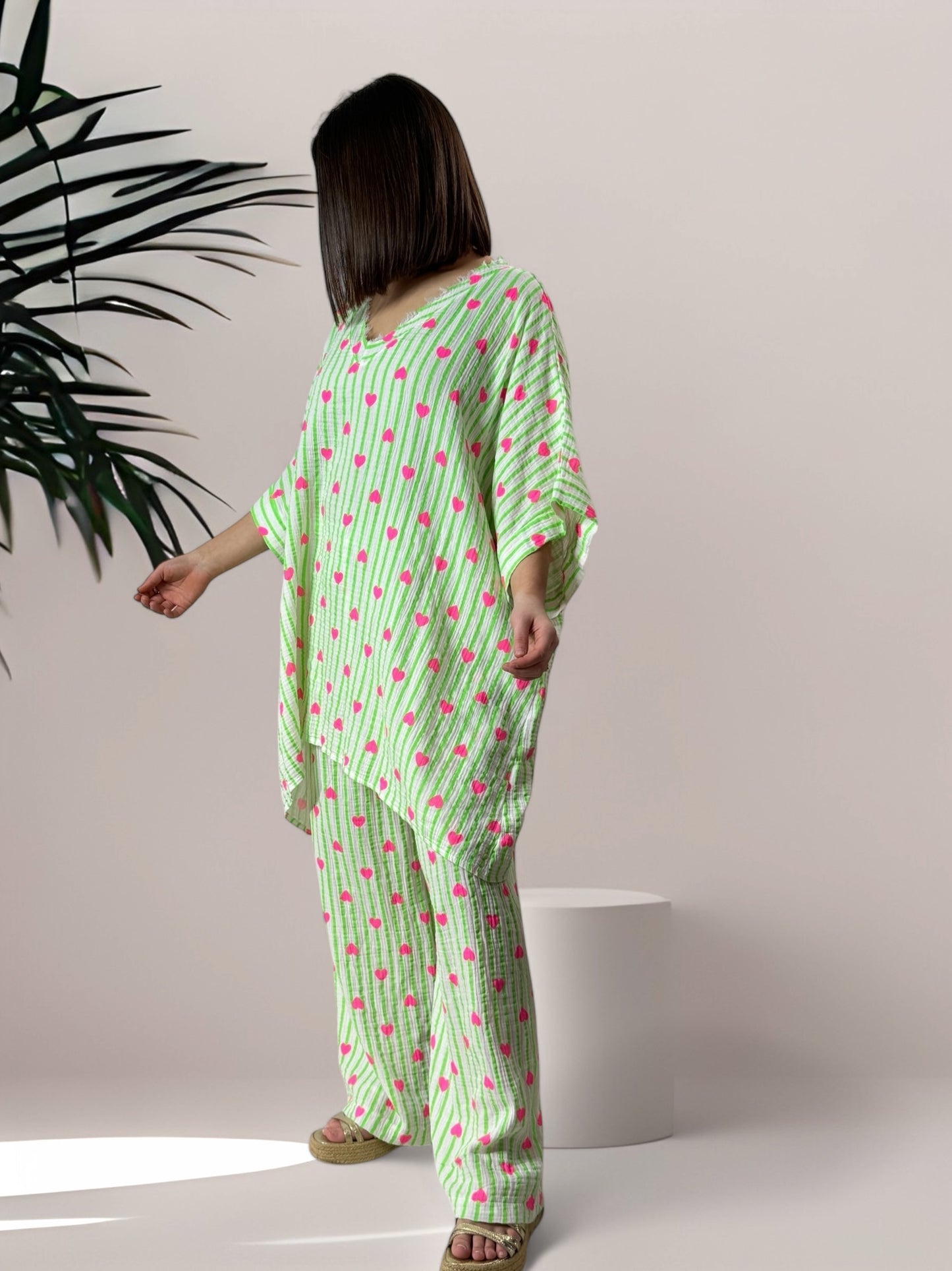 ANGY - PANTALON EN COTON RAYURE VERTE JUSQU'A LA TAILLE 48/50