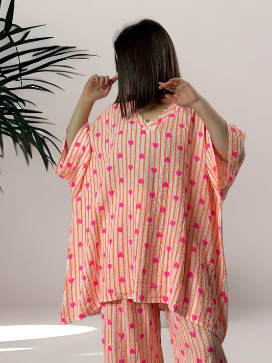 ERIKA - TUNIQUE OVERSIZE EN COTON RAYURE ORANGE JUSQU'A LA TAILLE 54