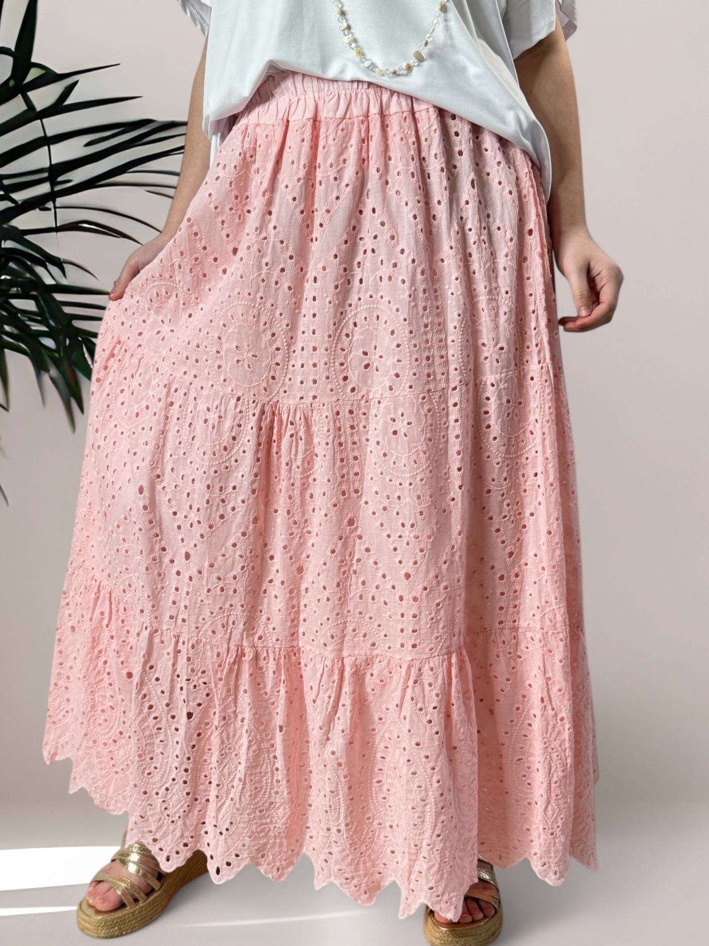 ROMY - JUPON ROSE EN BRODERIE ANGLAISE JUSQU'A LA TAILLE 54