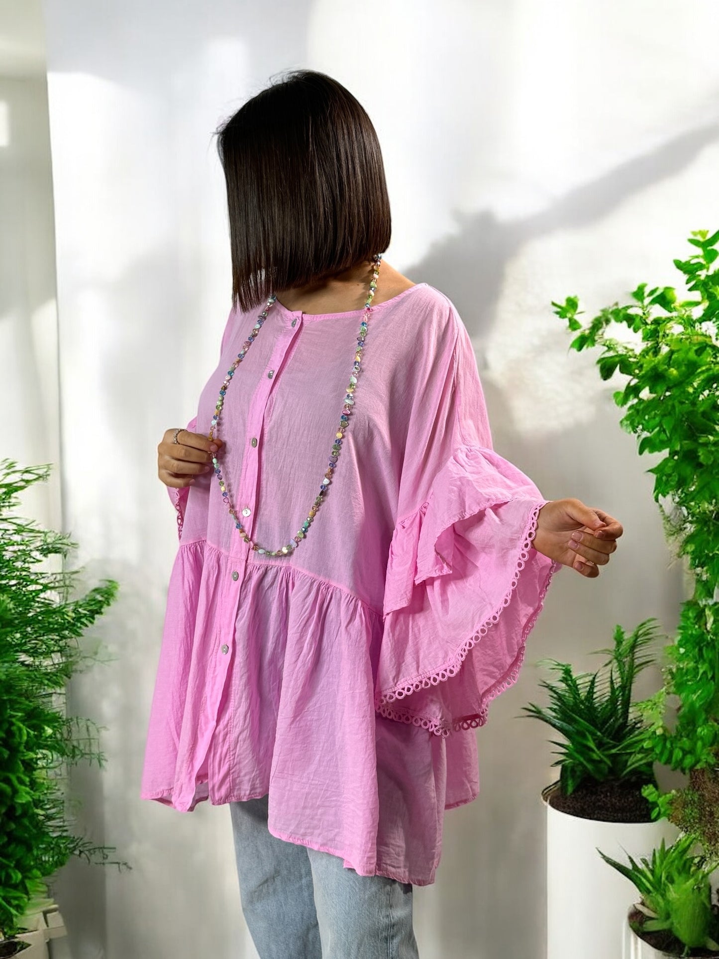 CORALINE - BLOUSE OVERSIZE ROSE EN COTON JUSQU'A LA TAILLE 52/54