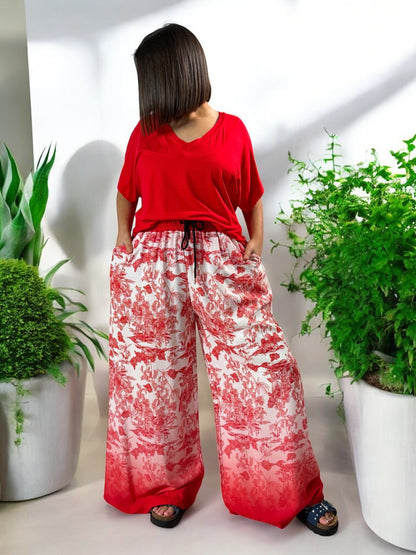 ROMAIN - PANTALON FLUIDE MOTIF ROUGE JUSQU'A LA TAILLE 50