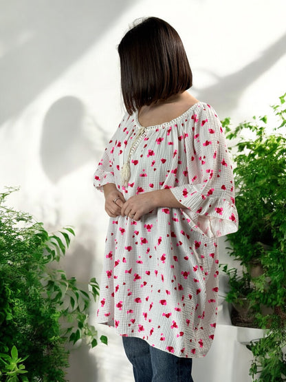 LUCIA - BLOUSE OVERSIZE COEUR ROUGE EN COTON JUSQU'A LA TAILLE 56