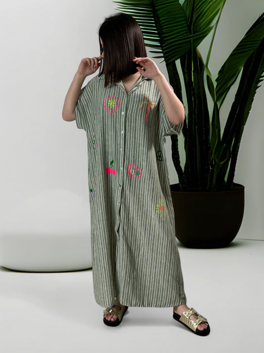SOPHIE - ROBE CHEMISE OVERSIZE RAYURE KAKI JUSQU'A LA TAILLE 48