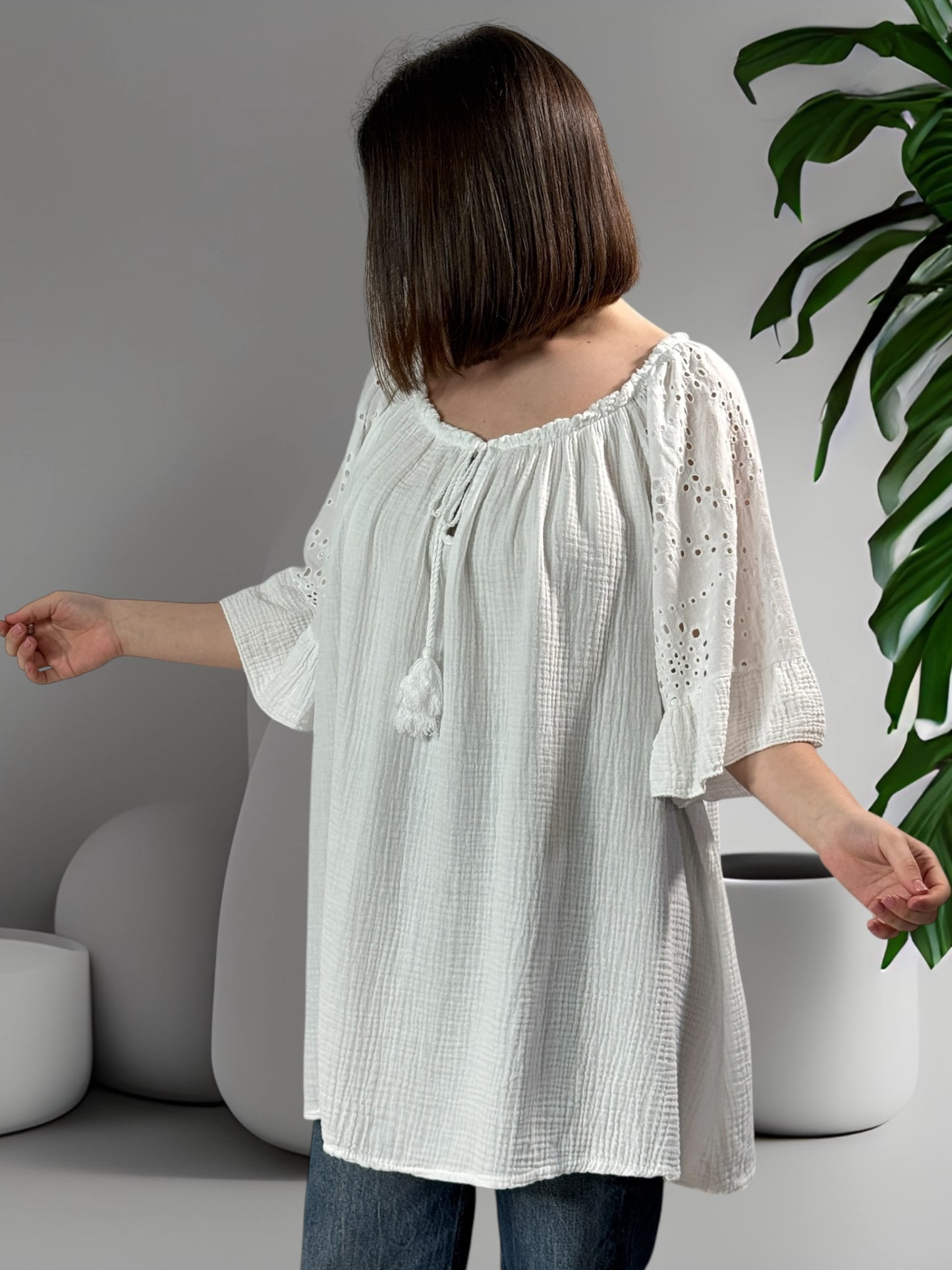 MEREDITH - BLOUSE OVERSIZE BLANCHE EN COTON JUSQU'A LA TAILLE 54/56