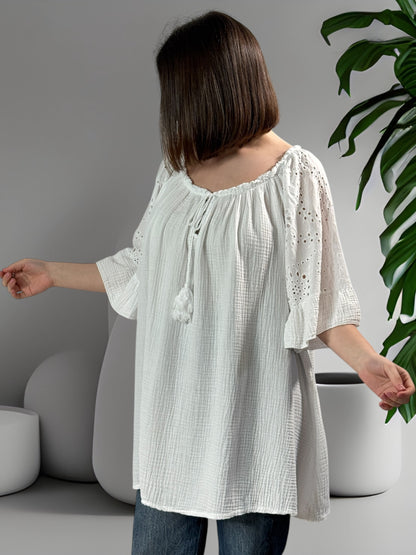 MEREDITH - BLOUSE OVERSIZE BLANCHE EN COTON JUSQU'A LA TAILLE 54/56