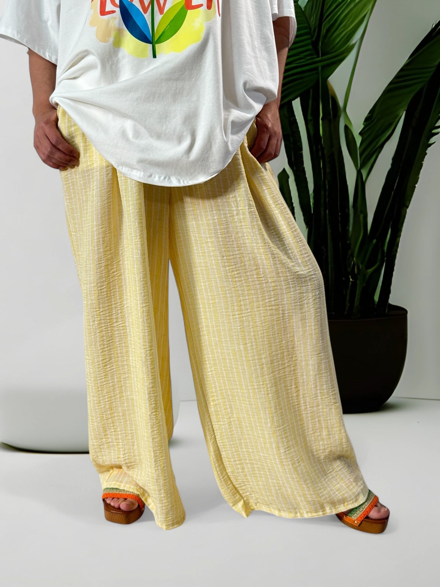 TIMOTHE - PANTALON JAUNE A RAYURE COTON ET LIN JUSQU'A LA TAILLE 52