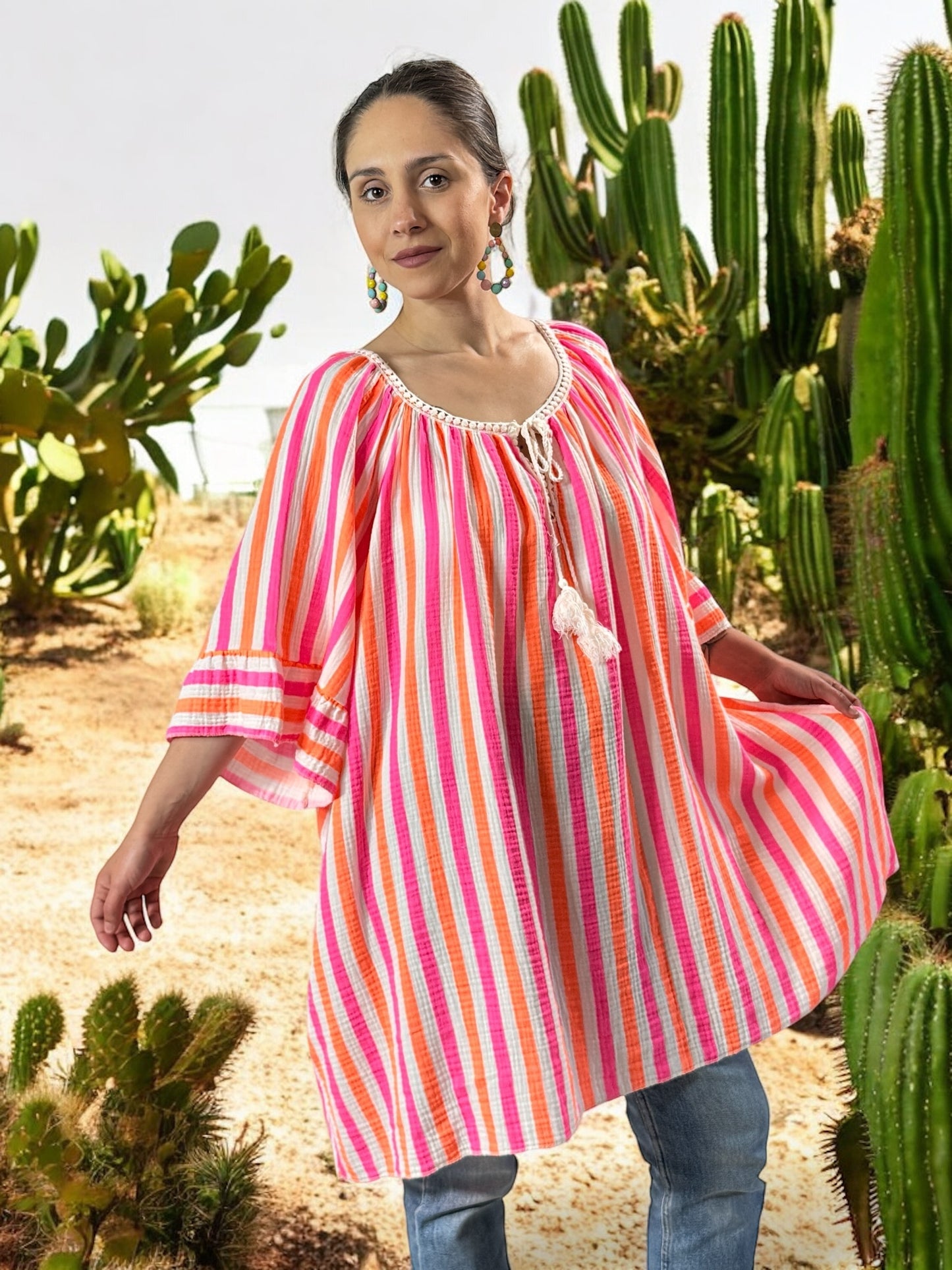 LILOU - BLOUSE OVERSIZE A RAYURE FUCHSIA EN COTON JUSQU'A LA TAILLE 56