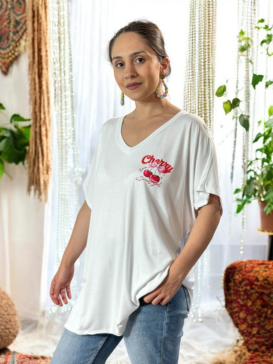 BILLIE - T-SHIRT BLANC EN VISCOSE AVEC MOTIF CERISE JUSQU'A LA TAILLE 56/58