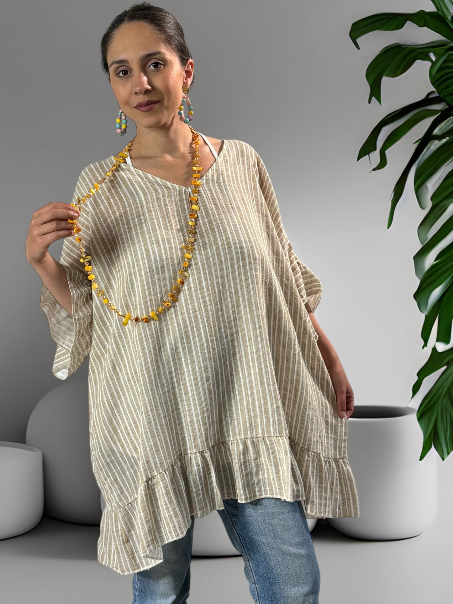 NELLY - TUNIQUE EN COTON A RAYURE TAUPE JUSQU'A LA TAILLE 52/54