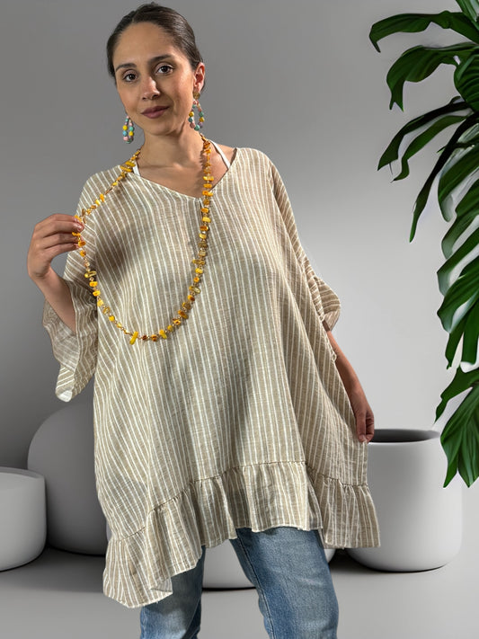 NELLY - TUNIQUE EN COTON A RAYURE TAUPE JUSQU'A LA TAILLE 52/54