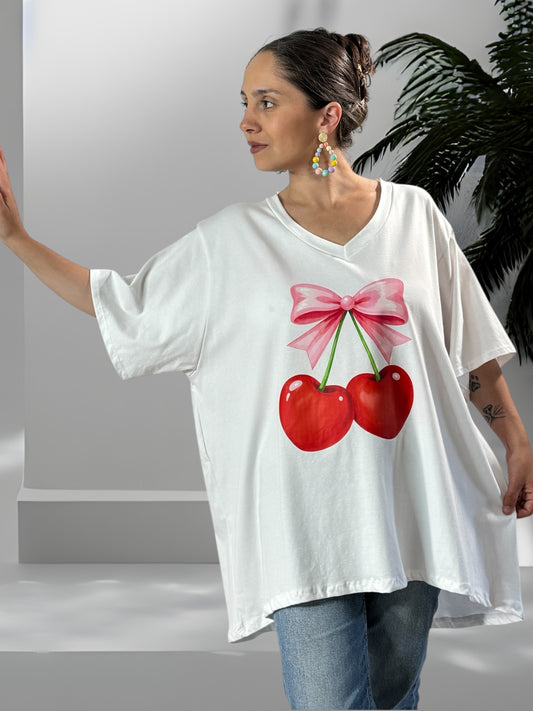 MARIUS - T-SHIRT BLANC MOTIF CERISE JUSQU'A LA TAILLE 56