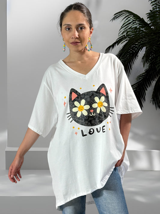 MARIUS - T-SHIRT BLANC MOTIF CHAT JUSQU'A LA TAILLE 56