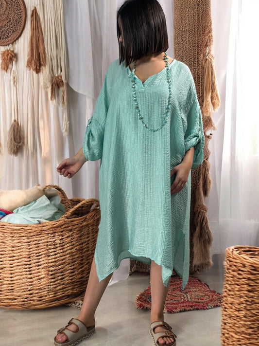 COLINE - ROBE TUNIQUE LAGON OVERSIZE BRODEE DANS LE DOS JUSQU'A LA TAILLE 54/56