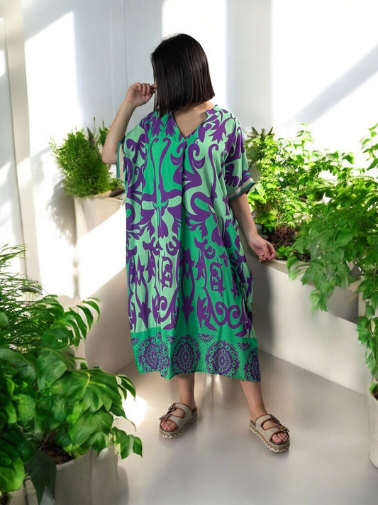 LALY - ROBE OVERSIZE MOTIF VIOLET JUSQU'A LA TAILLE 54