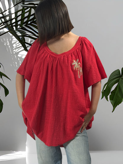 ASTRID - BLOUSE OVERSIZE ROUGE LIN ET COTON JUSQU'A LA TAILLE 54