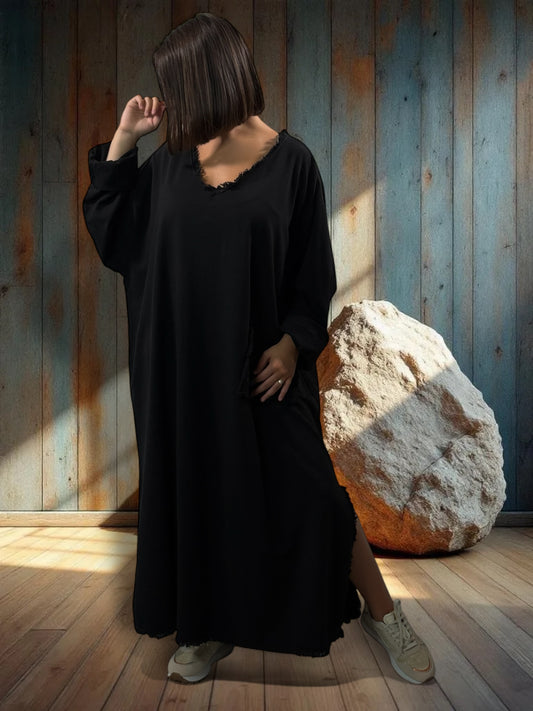 SALOME - ROBE OVERSIZE NOIR POCHE LEOPARD JUSQU'A LA TAILLE 58