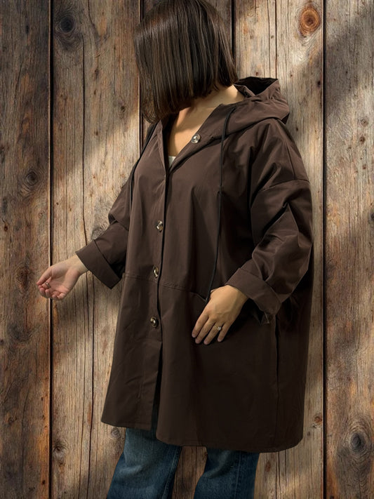DORIAN - VESTE TRENCH MARRON OVERSIZE A CAPUCHE JUSQU'A LA TAILLE 56