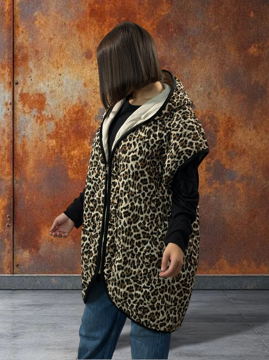 CRISTIANO - GILET LEOPARD SANS MANCHE A CAPUCHE JUSQU'A LA TAILLE 56