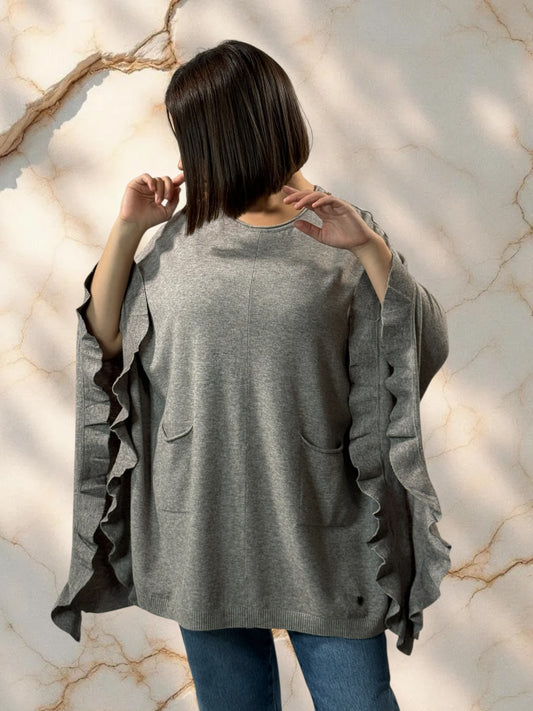 BIANCA - PONCHO TAUPE EN MAILLE JUSQU'A LA TAILLE 56/58
