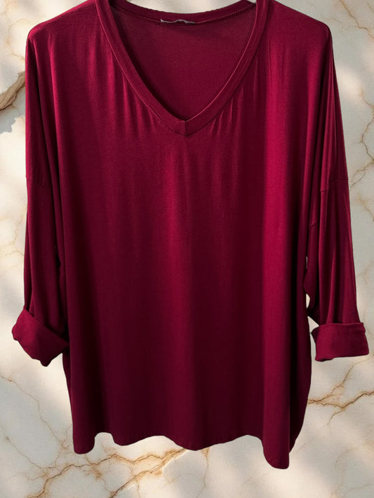 BASTIEN - T-SHIRT EN VISCOSE BORDEAUX MANCHES LONGUES JUSQU'A LA TAILLE 52/54
