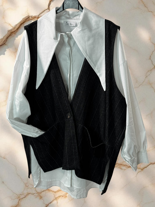 PAULIN - ENSEMBLE CHEMISE ET GILET CHEVRONS NOIR JUSQU'A LA TAILLE 52