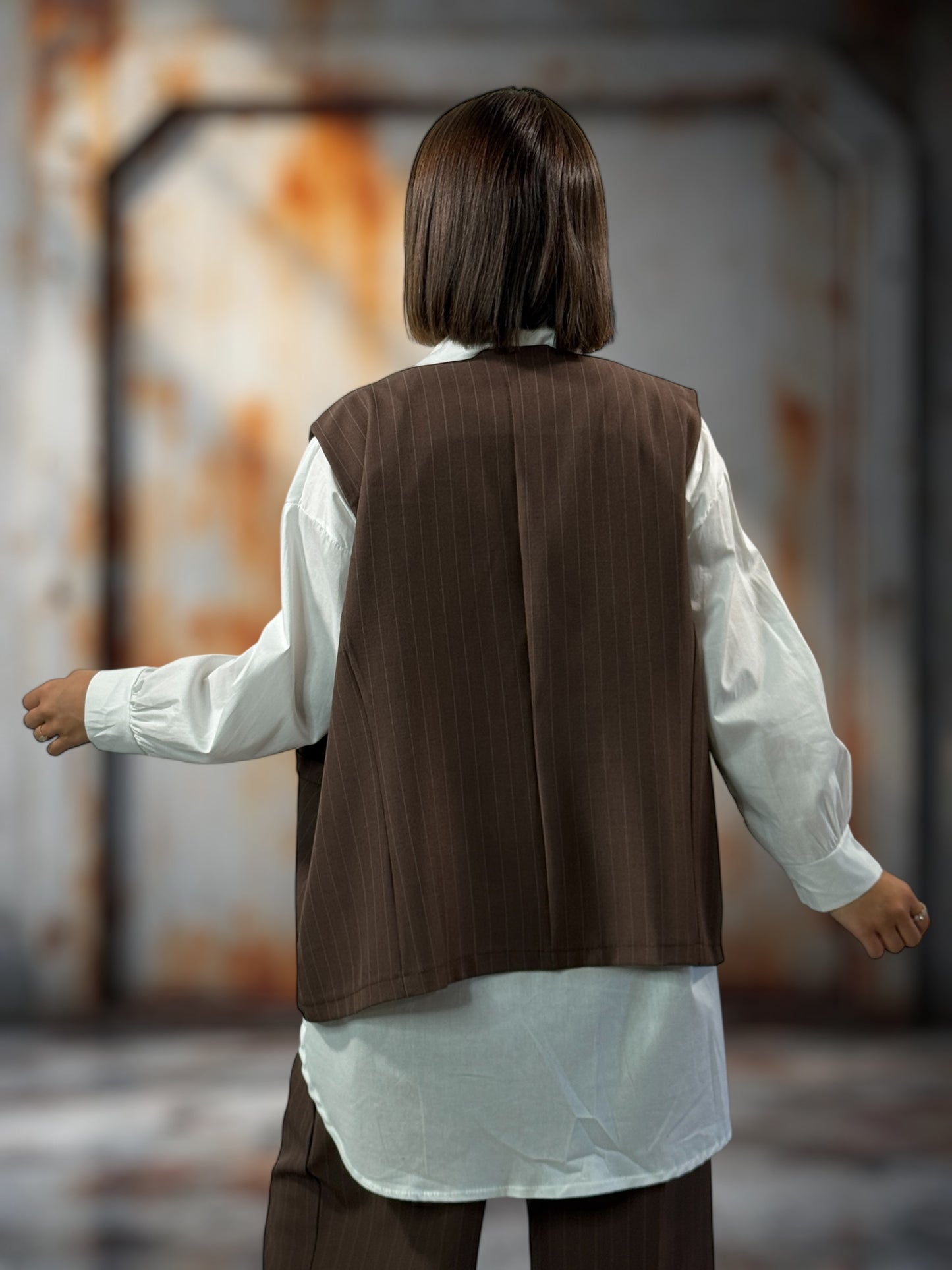 ADRIEN - GILET MARRON À RAYURE JUSQU'A LA TAILLE 48