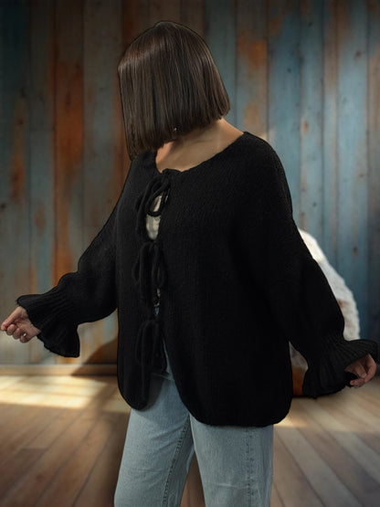 BERENGERE - GILET OVERSIZE NOIR AVEC NOEUDS JUSQU'A LA TAILLE 52/54