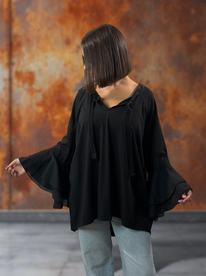 EMILIE - BLOUSE NOIRE EN COTON OVERSIZE JUSQU'A LA TAILLE 52
