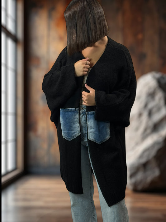 SANTANA - GILET OVERSIZE NOIR POCHES EN JEAN JUSQU'A LA TAILLE 52