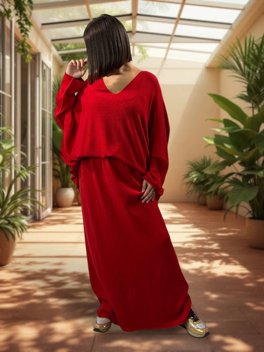 FAUSTINE - ENSEMBLE EN MAILLE ROUGE JUSQU'A LA TAILLE 52/54