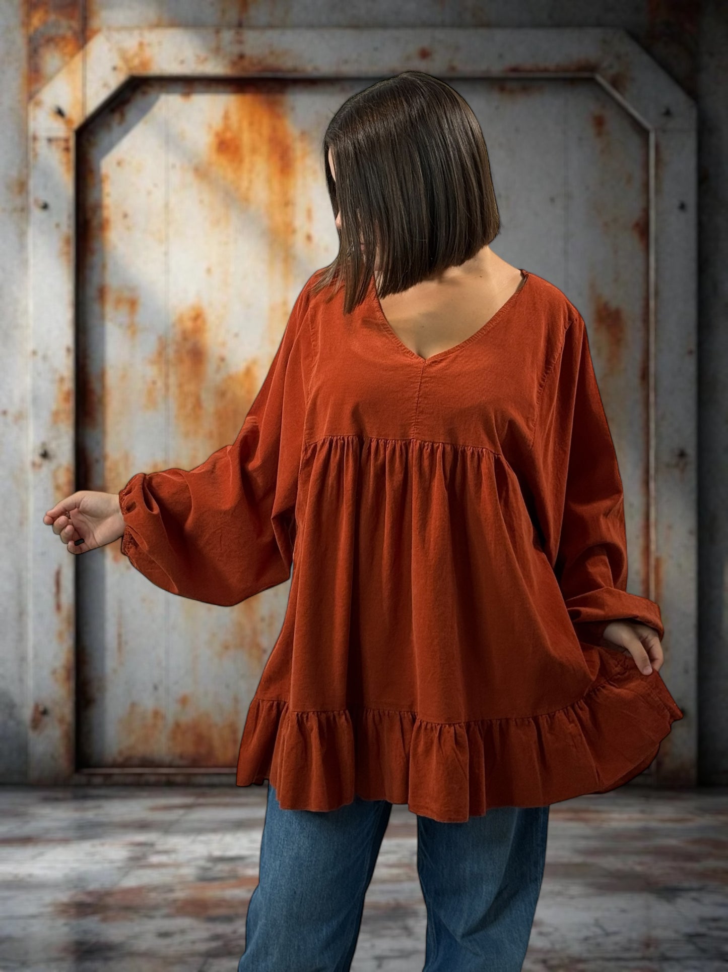 VICTORIA - TUNIQUE ROUILLE EN VELOURS MILLERAIES OVERSIZE JUSQU'A LA TAILLE 52