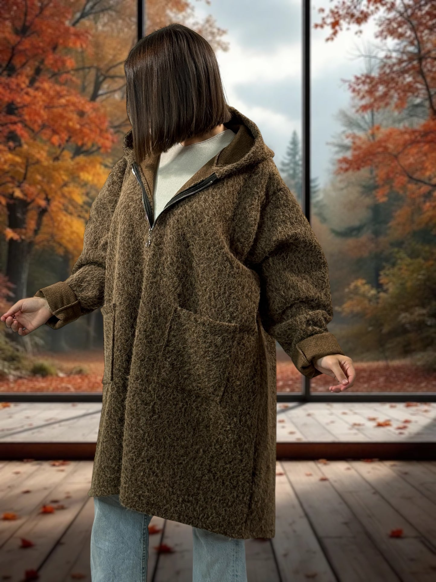 OCEANE - VESTE OVERSIZE MARRON A CAPUCHE JUSQU'A LA TAILLE 54/56