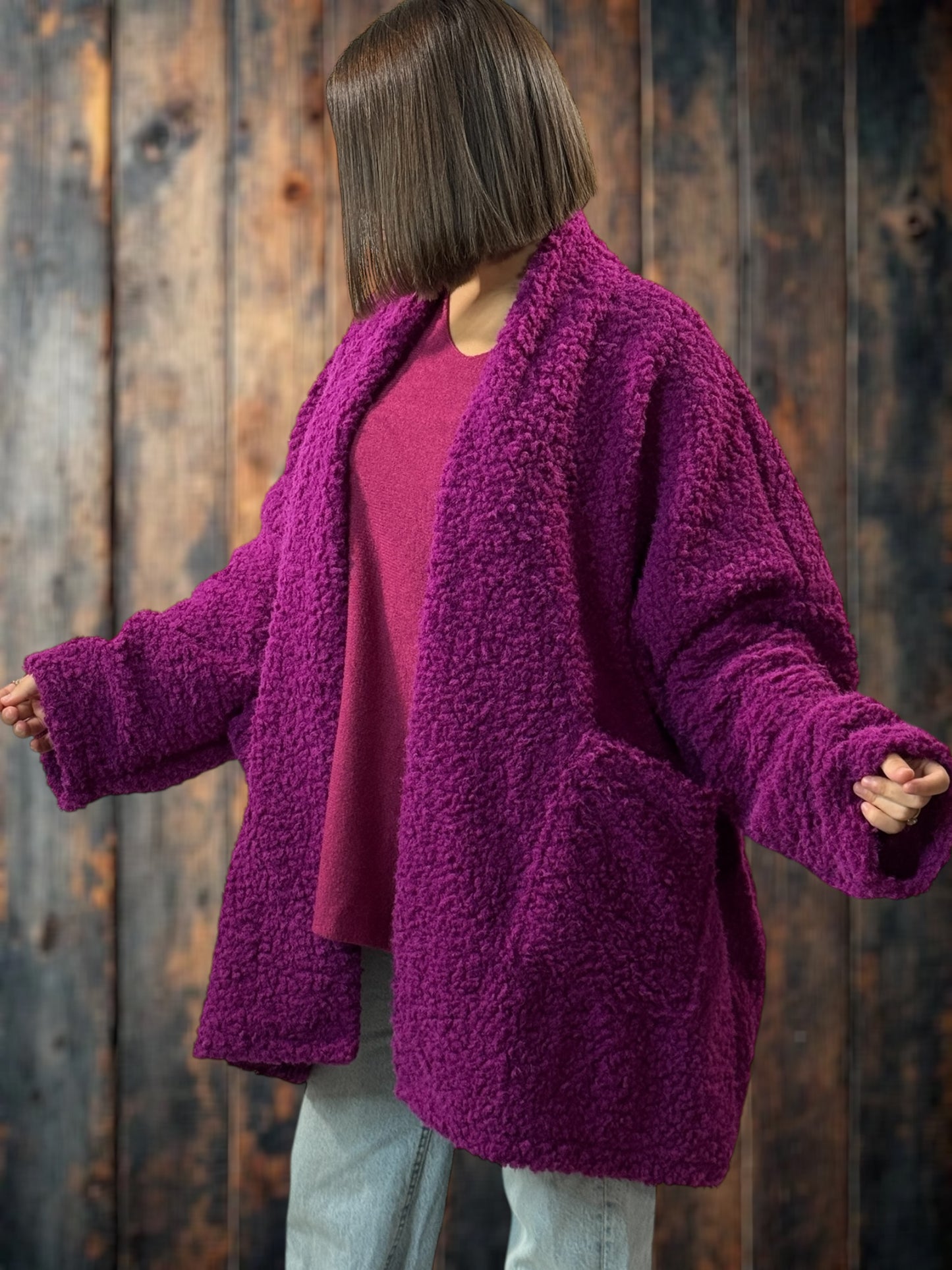 LILIROSE - VESTE OVERSIZE CYCLAMEN EN MOUMOUTE JUSQU'A LA TAILLE 56/58
