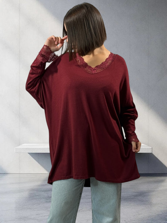 VALENTINA - PULL BORDEAUX EN MAILLE BORDE DE DENTELLE JUSQU'A LA TAILLE 54