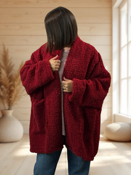 LILIROSE - VESTE OVERSIZE ROUGE EN MOUMOUTE JUSQU'A LA TAILLE 56/58