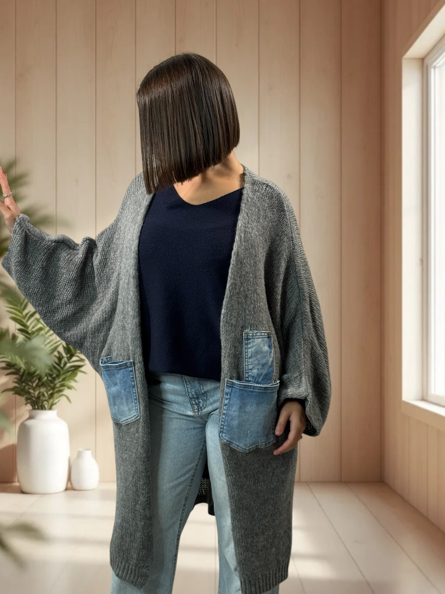SANTANA - GILET OVERSIZE GRIS POCHES EN JEAN JUSQU'A LA TAILLE 52