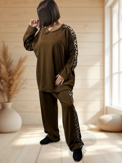 LEONARDO - ENSEMBLE MARRON BANDE LEOPARD JUSQU'A LA TAILLE 52/54