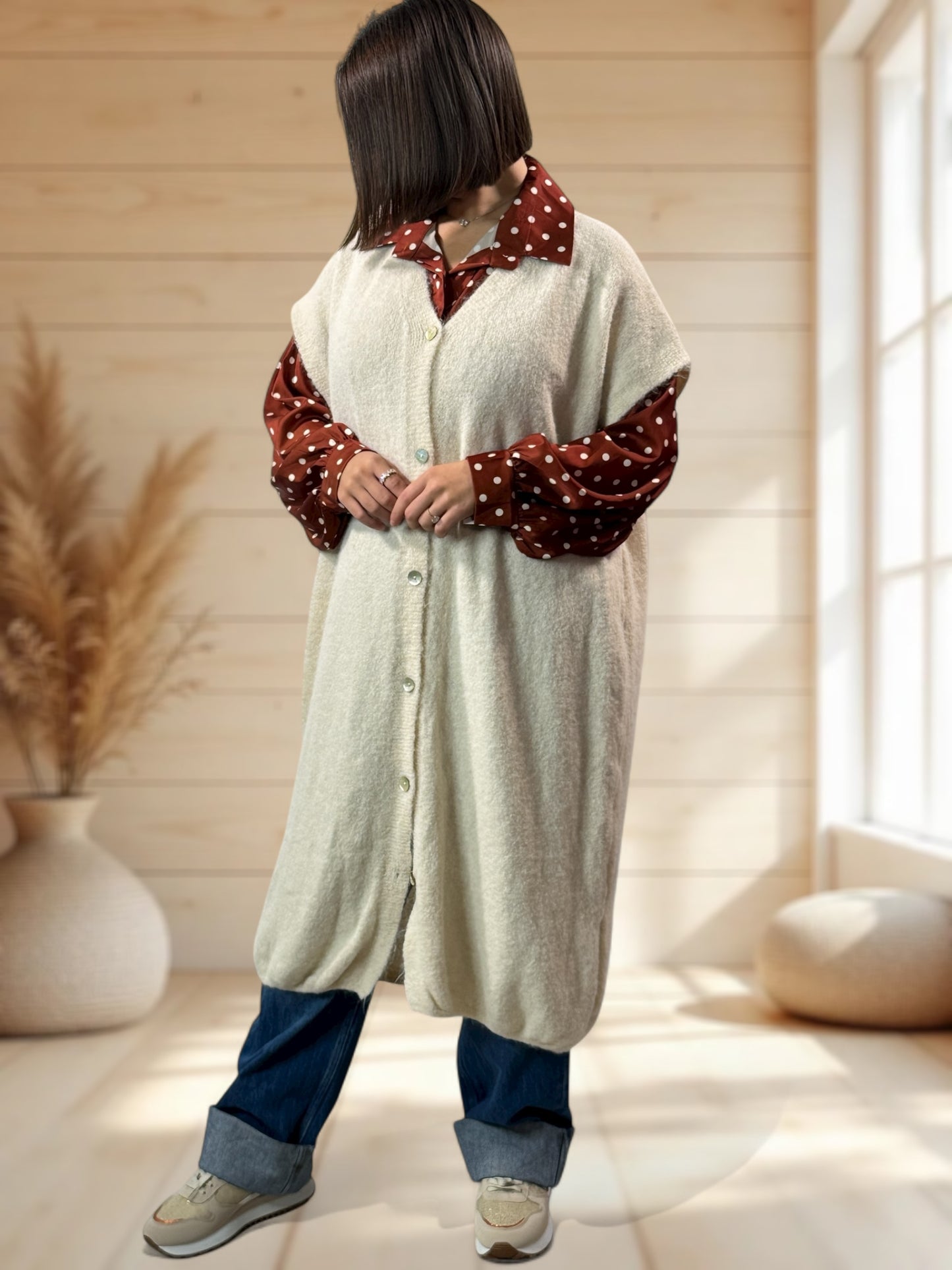 UGO - LONG GILET OVERSIZE BLANC CASSE JUSQU'A LA TAILLE 56/58
