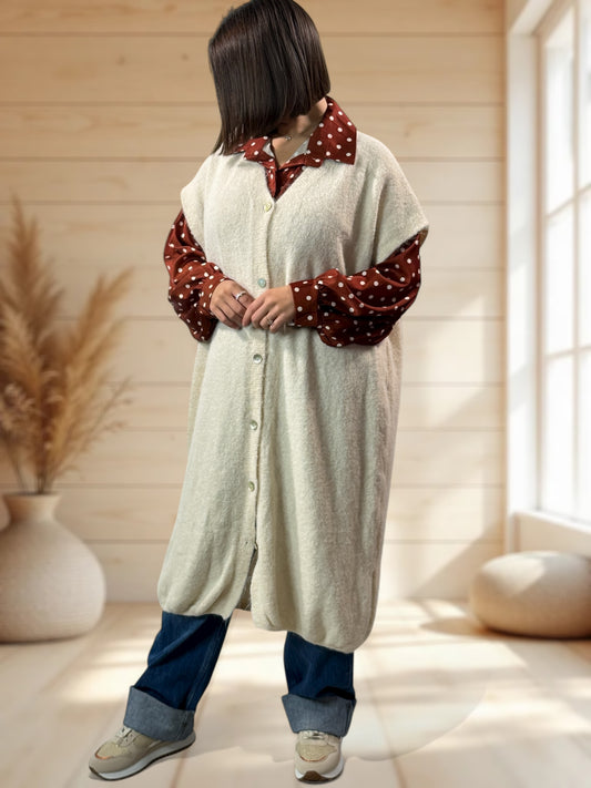 UGO - LONG GILET OVERSIZE BLANC CASSE JUSQU'A LA TAILLE 56/58