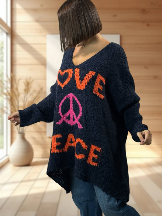 LUCKY - PULL MARINE OVERSIZE PEACE & LOVE JUSQU'A LA TAILLE 56/58